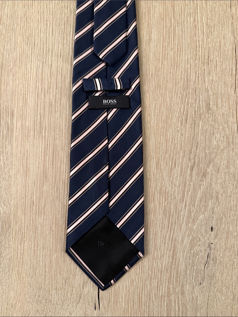BOSS Navy with Pink and White Diagonal Stripe Silk Tie